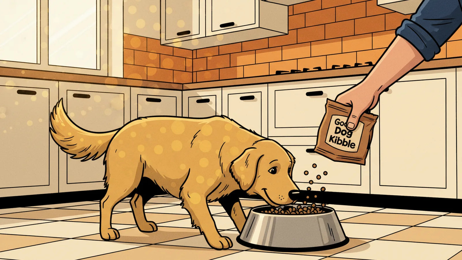 Dog food bowls illustrating a gradual transition from old to new food over a 7 to 10 day schedule