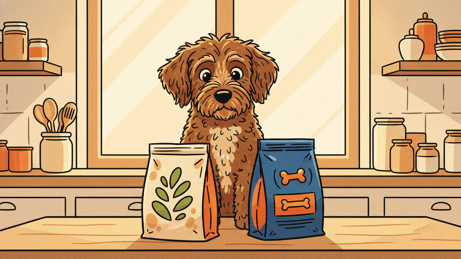 A curly-coated Lagotto Romagnolo looks up at two bags of dog food, one natural and one synthetic