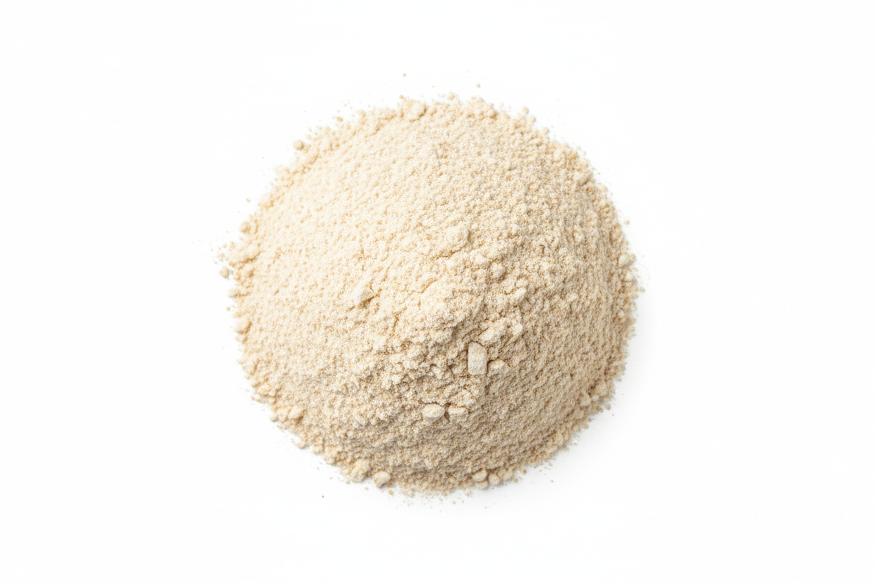 A high-quality image of oat flour on white background (#FFFFFF) Camera shot from above. No other elements or subjects visible in the image.