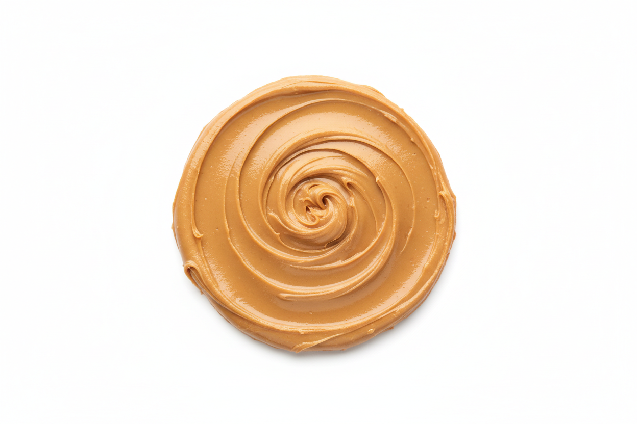 Creamy peanut butter laid out on a solid white background (#FFFFFF) Camera shot from above. No other elements or subjects visible in the image.