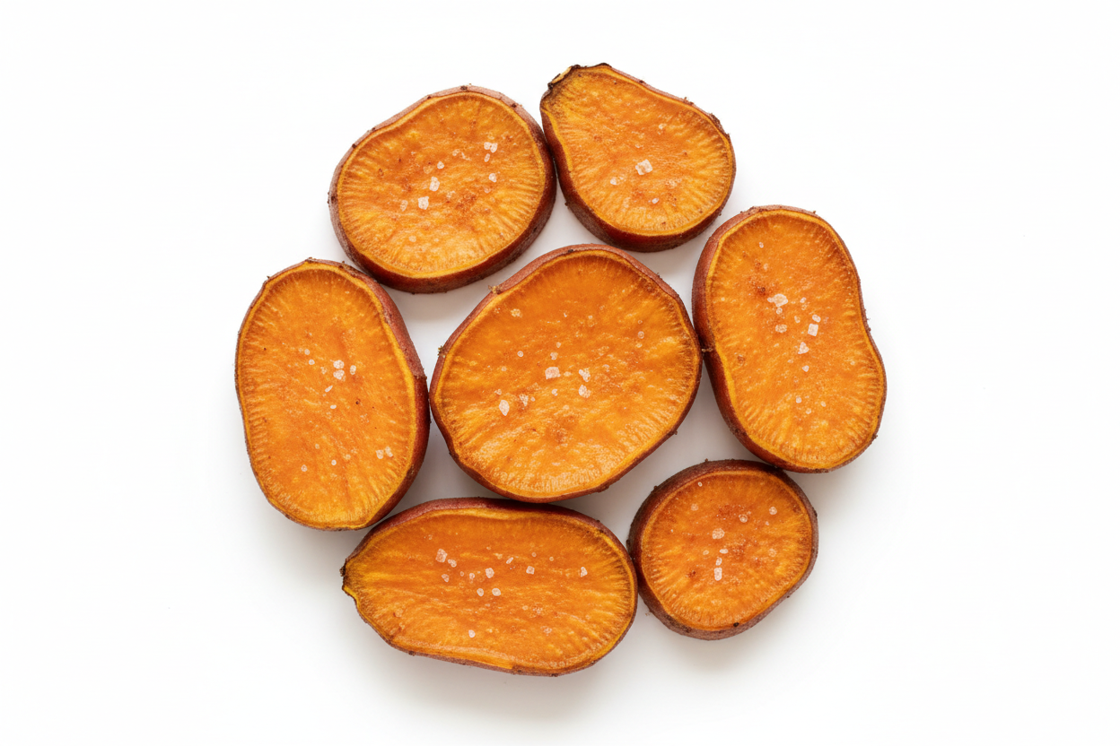 There should NOT be a fork. Only sweet potato on a white background. Remove shadows. Shot from above.