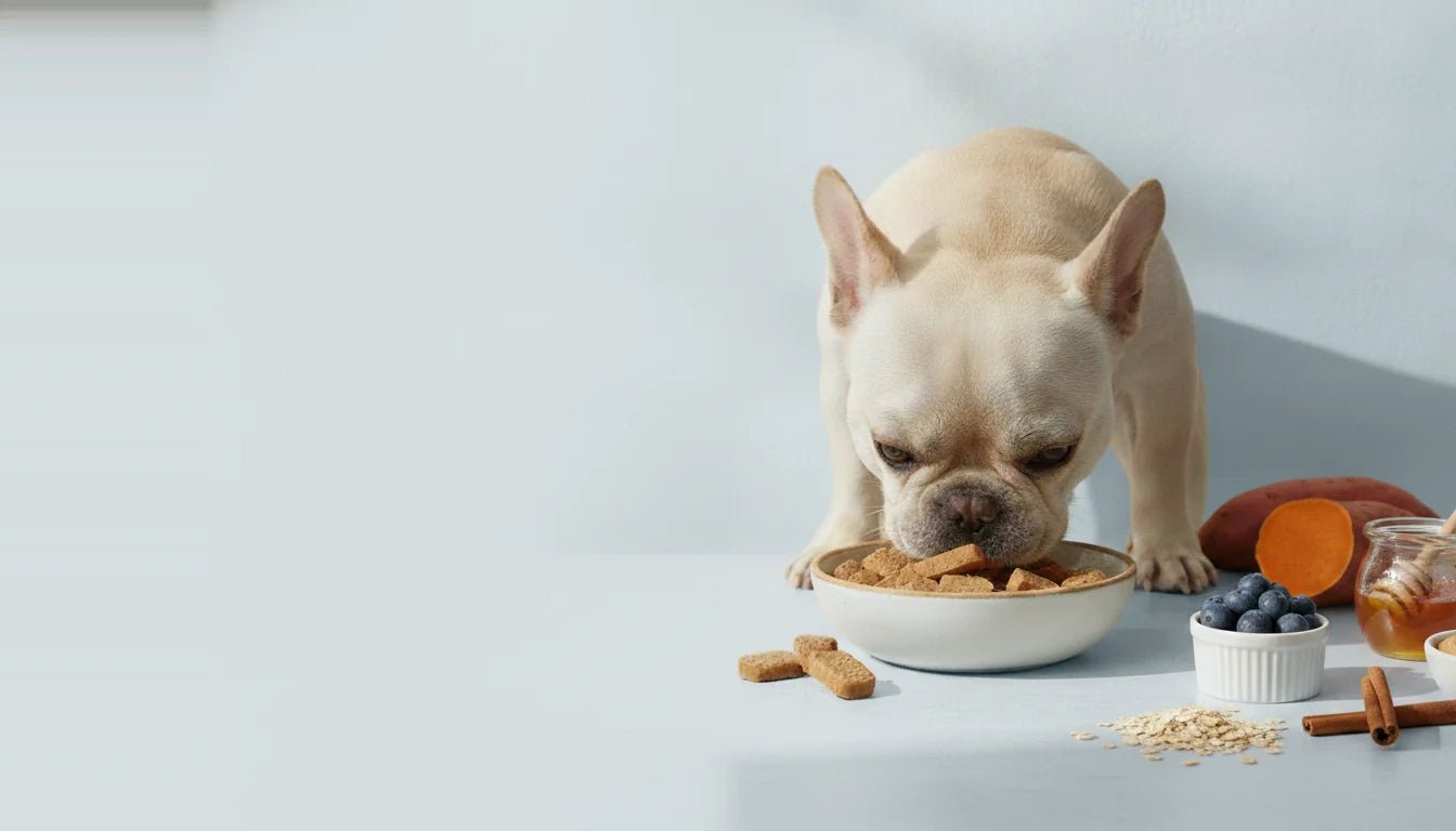 A French Bulldog eating Good Bark treats from a bowl on a counter surrounded by the whole-food ingredients