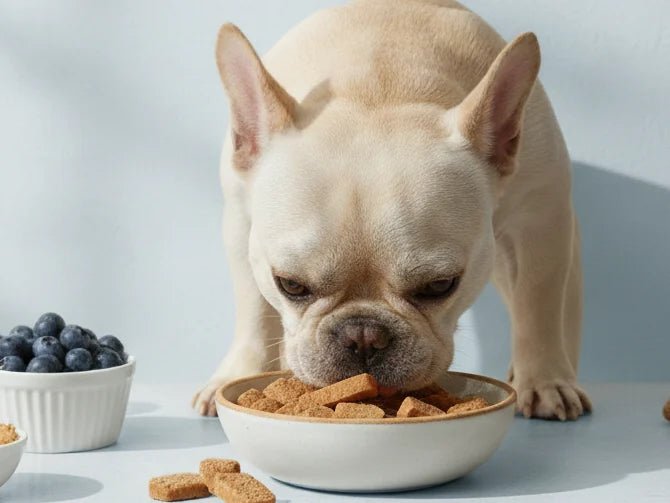 A French Bulldog eating Good Bark treats from a bowl next to the Peanut Butter and Blueberry bag